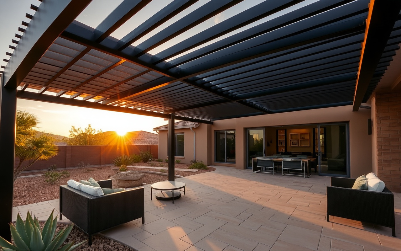 Modern louvered pergola shading a luxury Chandler, Arizona backyard patio at golden hour